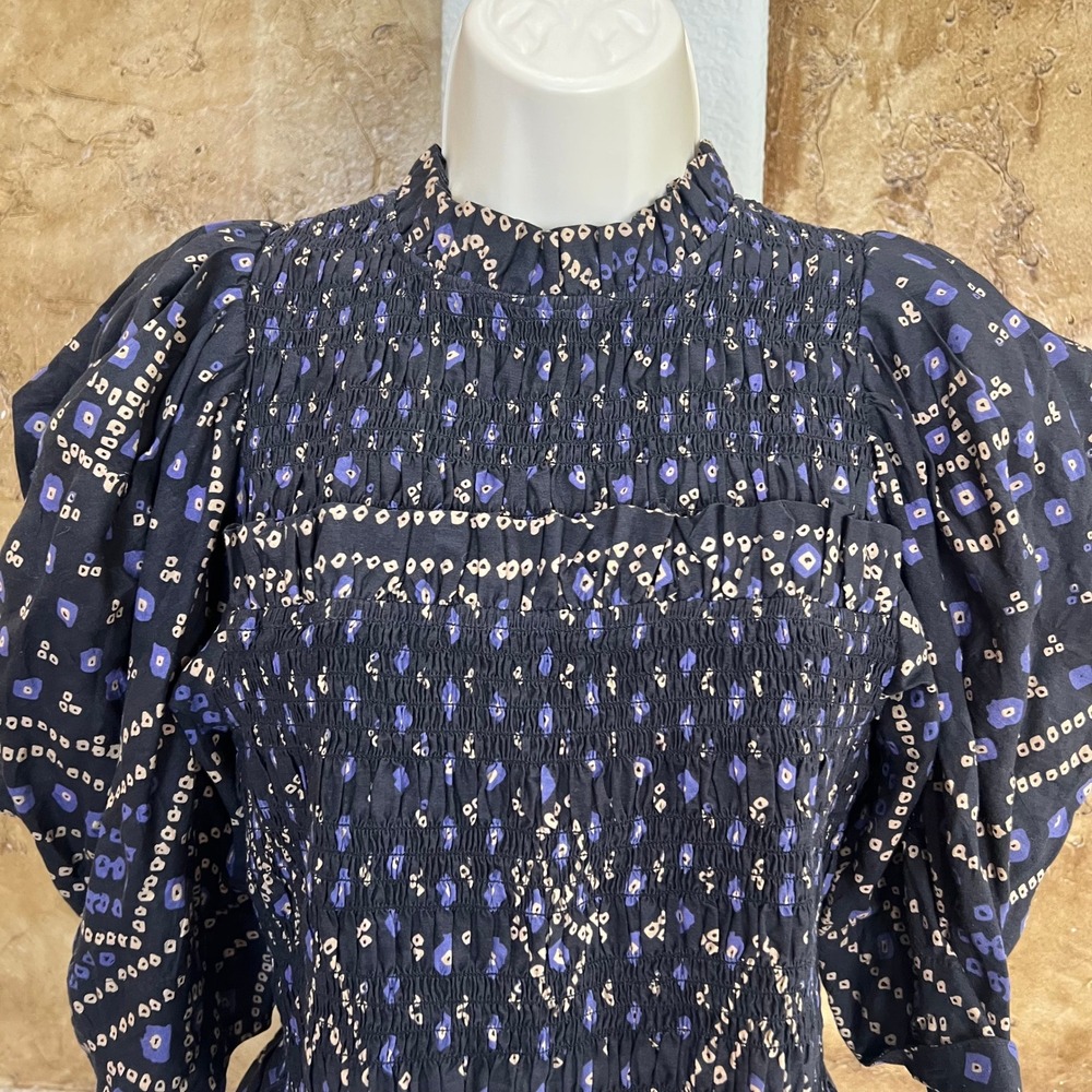 Sea New York Delphine Puff Sleeve Smocked Top Small? Black Blue Geometric Cotton - Picture 3 of 12